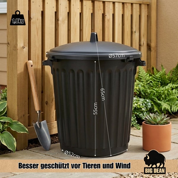 Schwarze Kunststoffmülltonne von Big Dean mit Deckel, 65 Zentimeter hoch, Durchmesser 57 Zentimeter, Gewicht 1,8 Kilogramm, Schutz vor Tieren.