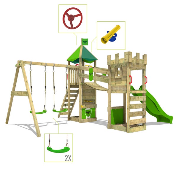 FATMOOSE Spielturm Ritterburg RiverRun mit Schaukel und Rutsche, Spielhaus mit Sandkasten, Leiter und Spiel-Zubehör - apfelgrün
