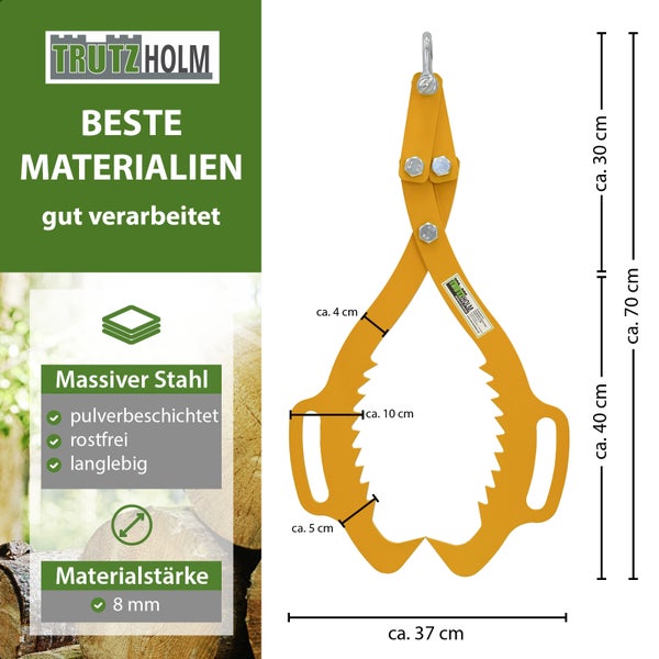 Trutzholm Holzrückezange aus massivem Stahl mit pulverbeschichteter Oberfläche und Maßangaben in Zentimetern