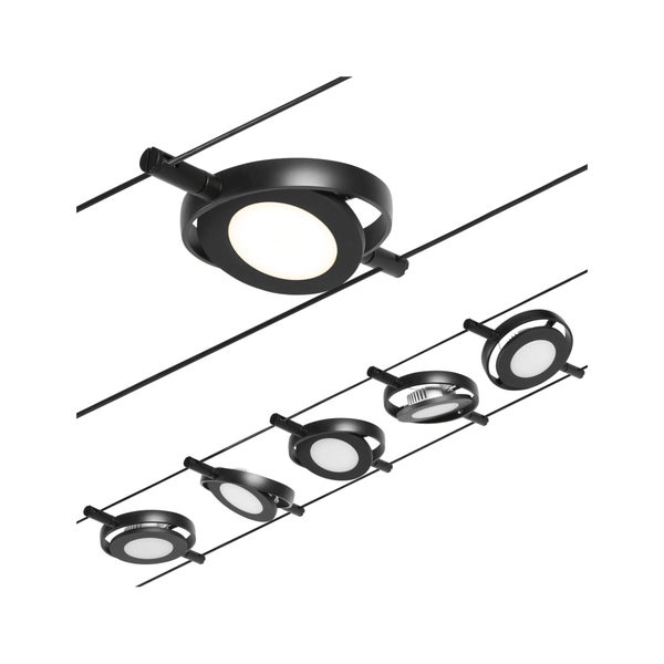 CorDuo LED Seilsystem RoundMac Basisset 5x200lm 5x4,5W 3000K 230/12V Schwarz matt, Chrom