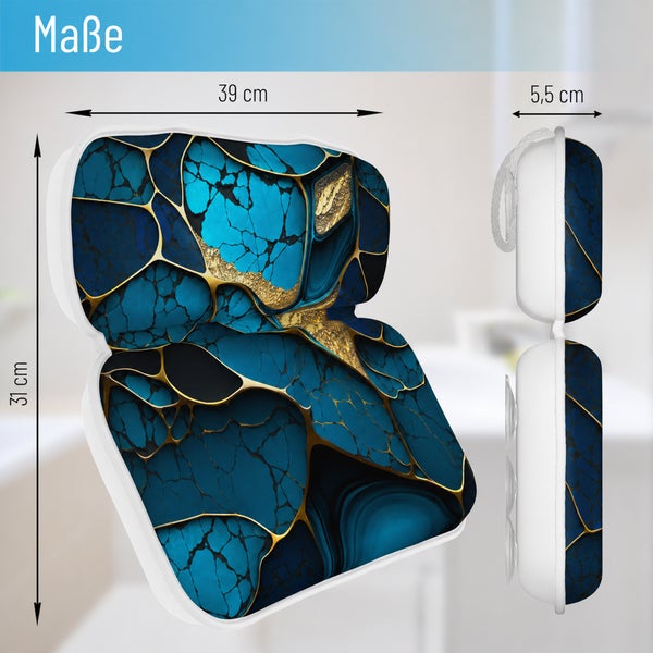 Badekissen mit blauem Marmordesign und goldenen Akzenten, Maße 39 mal 31 mal 5,5 Zentimeter, mit Saugnäpfen zur Befestigung in der Badewanne.