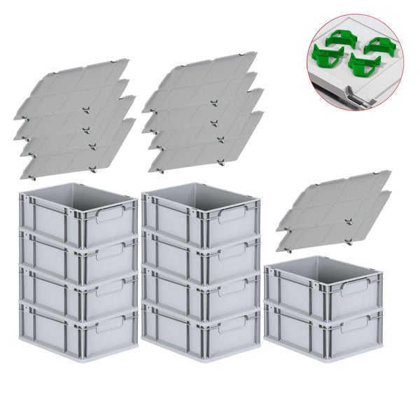 PROREGAL Spar Set 10x Eurobox Nextgen Economy Mit Auflagedeckel & 4x Schiebeschnappverschlüsse Grün Griffe Geschlossen HxBxT 17 x 30 x 40 cm 16 Liter