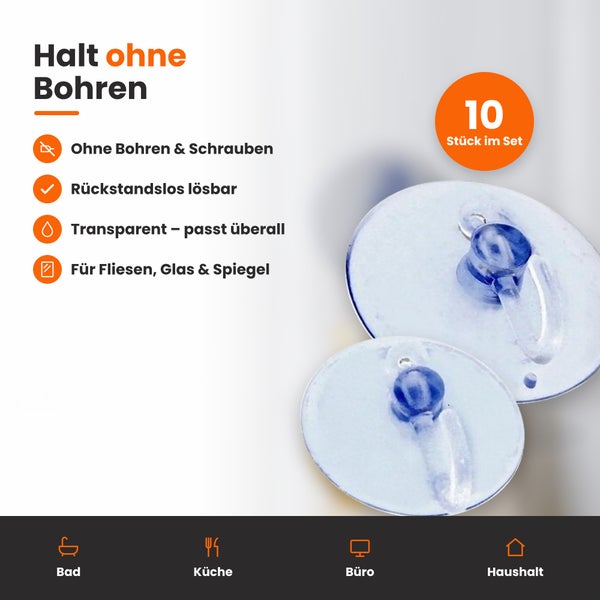 Set aus 10 transparenten Saugnäpfen zur Befestigung ohne Bohren und Schrauben, geeignet für Fliesen, Glas und Spiegel, rückstandslos entfernbar.