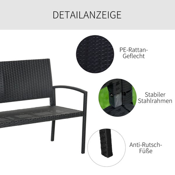 Outsunny Gartenbank, Sitzbank in Rattanoptik, für 2 Personen, bis 320 kg Belastbar, 122 x 60 x 85cm, PE Polyrattan, Stahl, Schwarz
