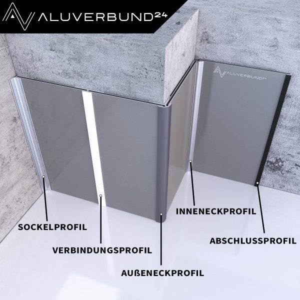 Aluverbund24 Eckprofile für Wandanschlüsse: Sockelprofil, Verbindungsprofil, Außeneckprofil, Inneneckprofil, Abschlussprofil
