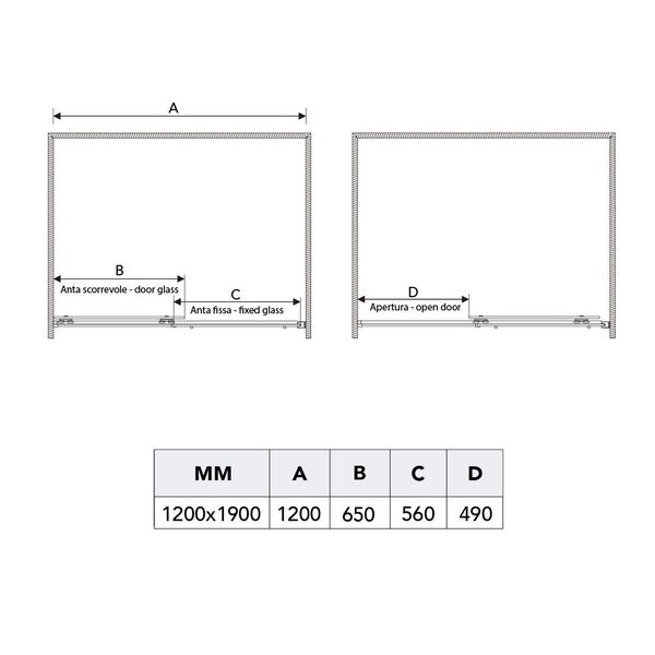 Technische Zeichnung einer Duschkabine mit Maßangaben
