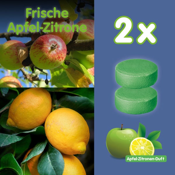 Zwei Dufttabs mit frischem Apfel-Zitronen-Duft.