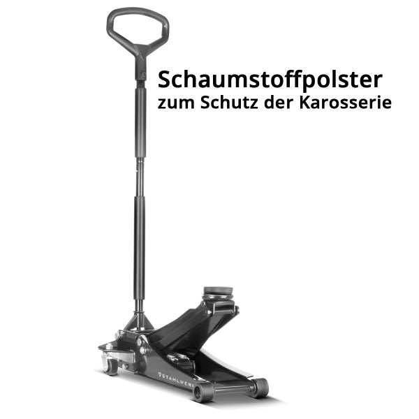 Rangierwagenheber mit Schaumstoffpolster am Griff zum Schutz der Karosserie.