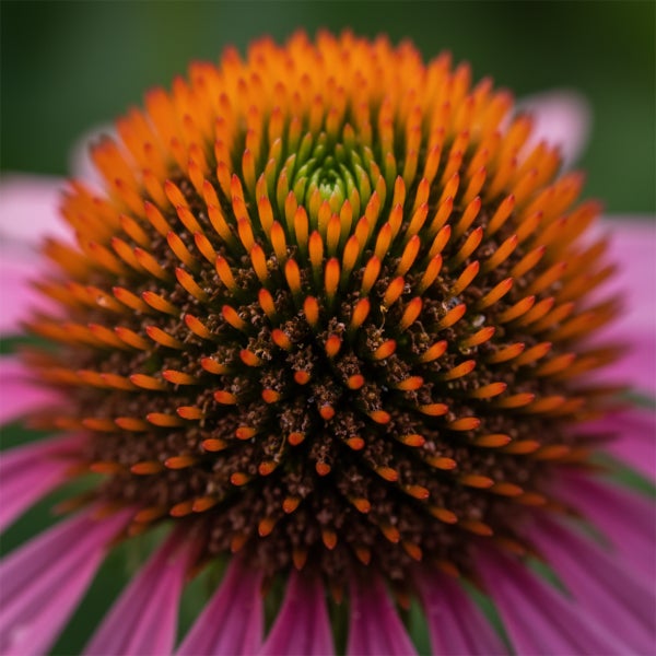 Nahaufnahme eines Purpur-Sonnenhuts Echinacea mit einem orangefarbenen Bluetenkorb und lila Bluetenblaettern.