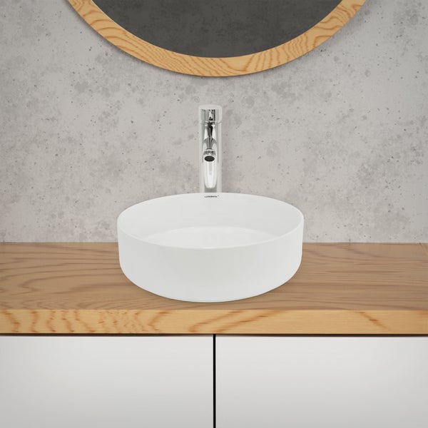 ECD Germany Design Waschbecken Waschtisch Ø 355 x 120 mm aus Keramik Rund Weiß - Aufsatzbecken Aufsatzwaschbecken Handwaschbecken Aufsatzwaschtisch Spülbecken Wasserfall Waschschale Waschschüssel
