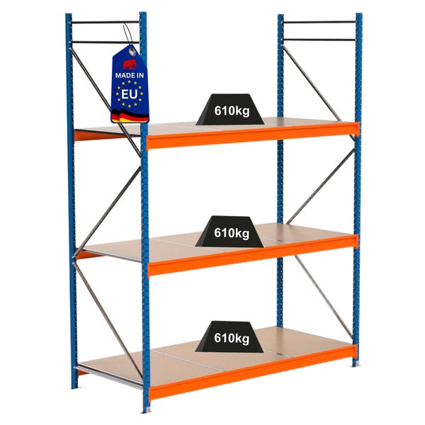 Lagerregal mit drei Ebenen und einer Traglast von 610 Kilogramm pro Ebene. Hergestellt in der Europäischen Union.