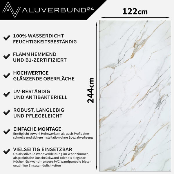 Aluverbund24 Logo. PVC Wandpaneel mit Marmoroptik, 122 mal 244 Zentimeter, wasserdicht, feuchtigkeitsbeständig, schwer entflammbar, B1-zertifiziert, glänzende Oberfläche, UV-beständig, antibakteriell, robust, langlebig und pflegeleicht.