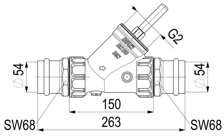 Technische Zeichnung eines Schrägsitzventils mit Maßangaben in Millimetern für Länge und Durchmesser sowie DVGW und DN50 Kennzeichnung.