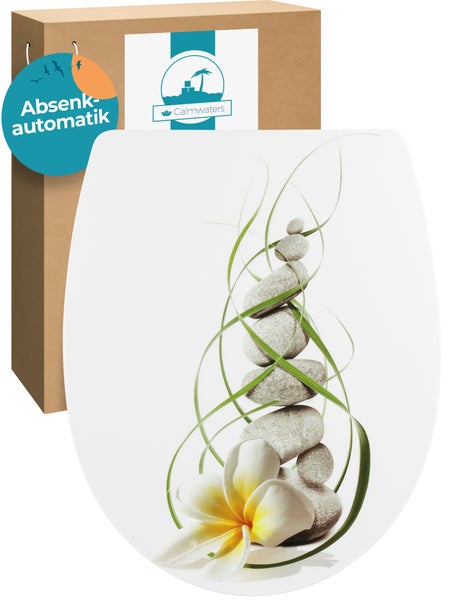 Calmwaters® WC Sitz mit Absenkautomatik Wellness-Motiv Plumeria, Thermoplast Toilettendeckel, abnehmbar, Top-Fix, universale O-Form, ovaler Toilettensitz, Komfort Klodeckel, Wellness-Dekor, 26LP5005