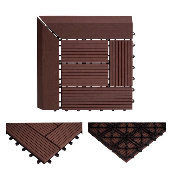 Braune Terrassenfliese aus Holz-Kunststoff-Verbundwerkstoff mit Klicksystem, Ansicht von oben sowie Details der Oberfläche und der Unterseite.