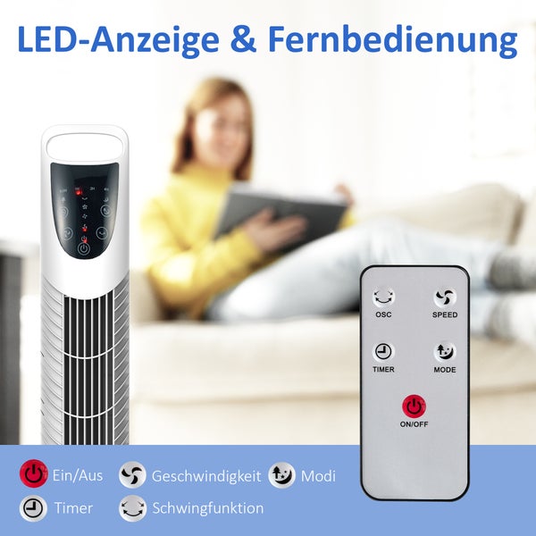 Turmventilator mit LED-Anzeige und Fernbedienung. Funktionen: Ein-Aus, Geschwindigkeit, verschiedene Modi, Timer und Schwingfunktion.