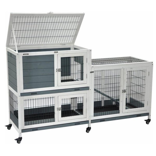 Hasenstall mit mehreren Etagen und Rädern für den Transport