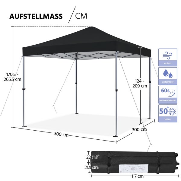 Schwarzer Faltpavillon mit Maßangaben und zugehöriger Tragetasche