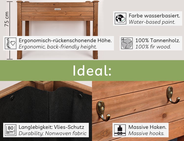 needs&wants® Hochbeet aus Holz für Garten Balkon Terrasse, Pflanzkasten Bausatz rechteckig schmal mit Vlies-Folie, Kräuterbeet Pflanzenkasten deko, 100 x 50 x 75 cm, dunkel-braun