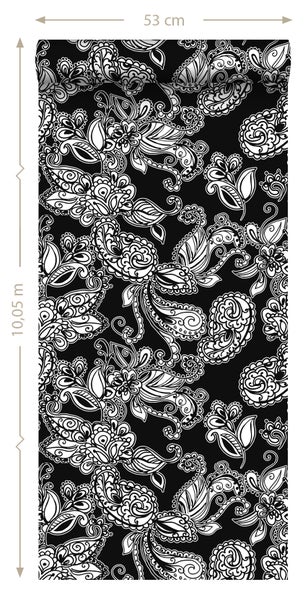 Tapetenrolle mit weißem floralem Muster auf schwarzem Grund, 53 cm breit, 10,05 m lang