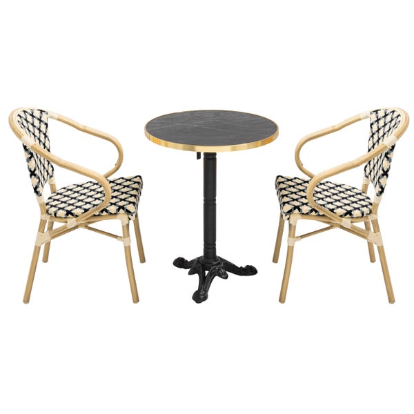 Runder Bistrotisch mit dunkler Marmoroptik-Platte, goldfarbenem Rand und schwarzem Metallfuß im Gussdesign, höhenverstellbar.