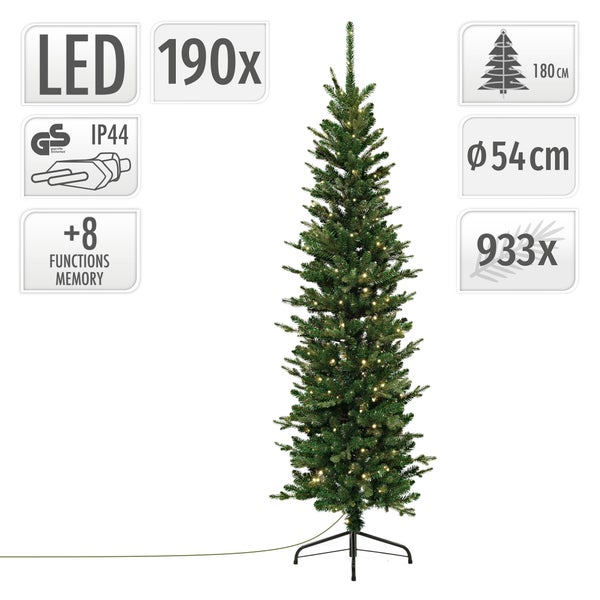 Künstlicher Weihnachtsbaum schlank mit 190 LED Lichtern, 180 Zentimeter hoch, 54 Zentimeter Durchmesser und 933 Zweigspitzen mit Memory Funktion.