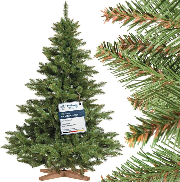 Künstlicher Weihnachtsbaum mit Holzständer und Prüfsiegel für geprüfte Qualität