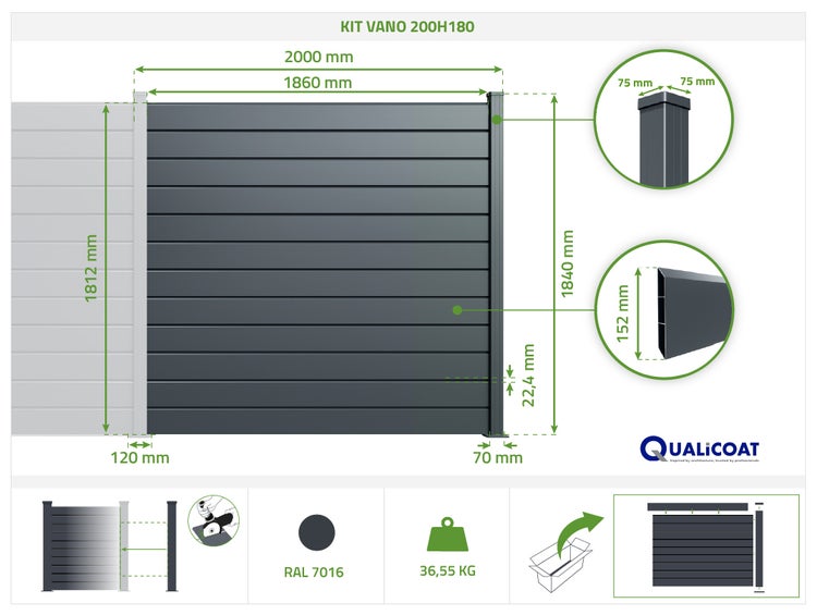 Maßzeichnung für Sichtschutzzaun Kit Vano 200H180 mit Breite 2000 Millimeter, Höhe 1840 Millimeter, Farbe RAL 7016 und Qualicoat Logo.