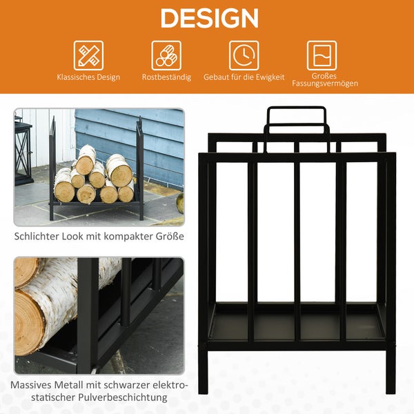 Outsunny Kaminholzregal, mit zwei Griffen Kaminbesteck, 50 kg belastbar, 39 x 32,5 x 46 cm, Metall, Schwarz