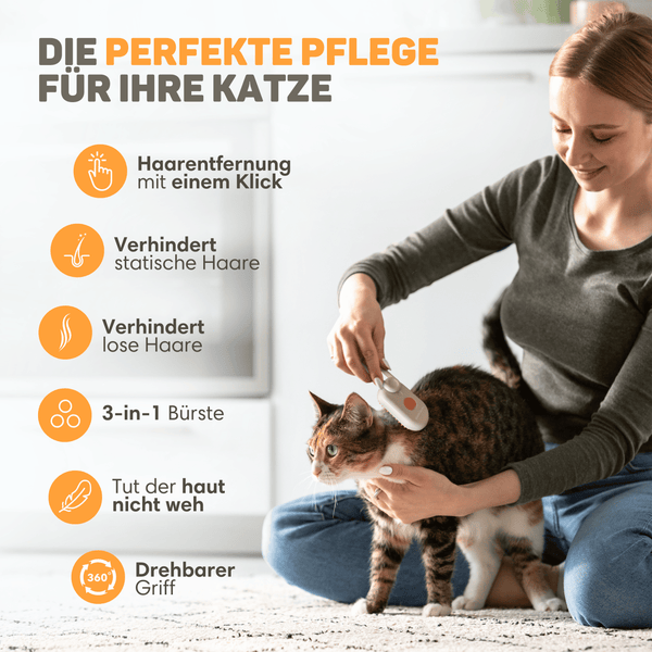Vulpes Goods Katzen Dampfbürste - Selbstreinigende Katzen-Stoombürste - Kurz/Langhaarkatze Dampfgerät - Inkl. 2 extra Kämme