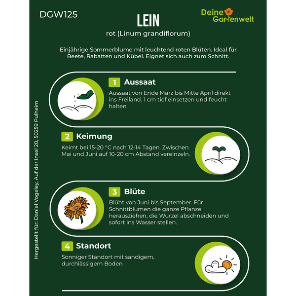 Infografik zur Anzucht von Rotem Lein. Anleitung zu Aussaat, Keimung, Blüte und Standort. Deine Gartenwelt Logo.