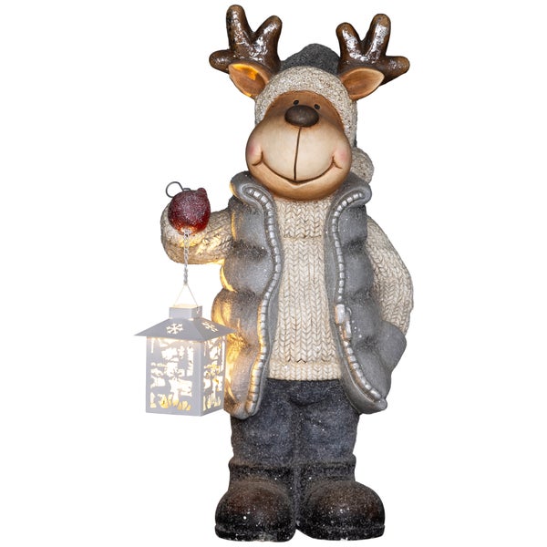 HOMCOM Weihnachtsdeko Figur, Rentier mit Laterne, 52 cm Weihnachtsfigur mit LED-Licht, Dekofigur zu Weihnachten, für In- und Outdoor, Metall