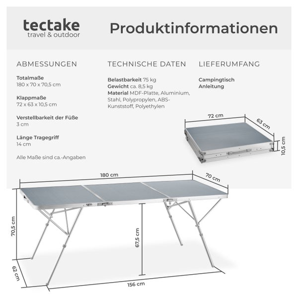 Campingtisch tectake Jumbo 180 x 70 x 70,5 cm klappbar silber