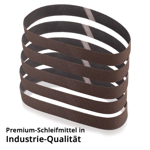 Fünf braune Schleifbänder in Industrie-Qualität.