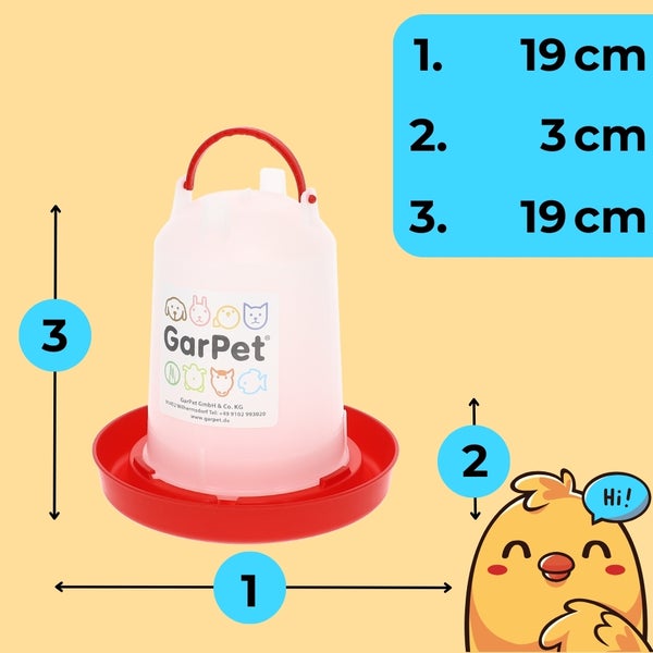 GarPet Tränke mit Größenangaben für Geflügel, 19 cm breit, 3 cm hoch und 19 cm tief