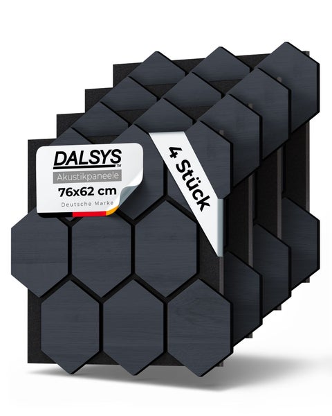 DALSYS Akustikpaneele in Schwarz, Set aus 4 Stück, sechseckiges Design, 76 mal 62 Zentimeter, Deutsche Marke.