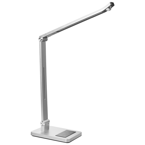 Silberne LED-Tischleuchte mit verstellbarem Arm