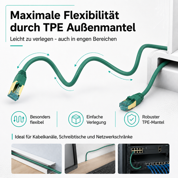 Flexibles Netzwerkkabel mit RJ45-Steckern und TPE-Außenmantel. Zeigt Biegsamkeit und Anwendung in Kabelkanälen, an Schreibtischen und Rack-Schränken.