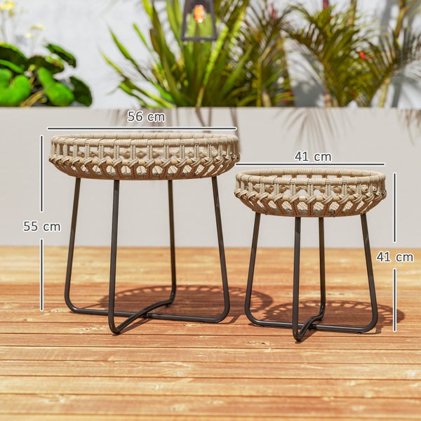 Outsunny 2er Set Beistelltisch Polyrattan Ø60/41 cm rund wetterfest Gartentisch mit X-Beine Verstellbare Fußpads Outdoor Balkontisch Couchtisch Gartenmöbel für Garten, Balkon Braun