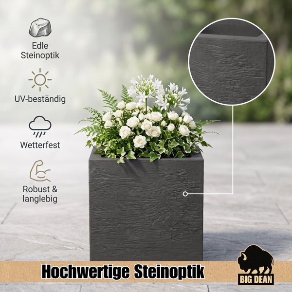 Quadratischer Pflanzkübel in Steinoptik mit Blumenbepflanzung, witterungsbeständig und robust, mit Big Dean Logo