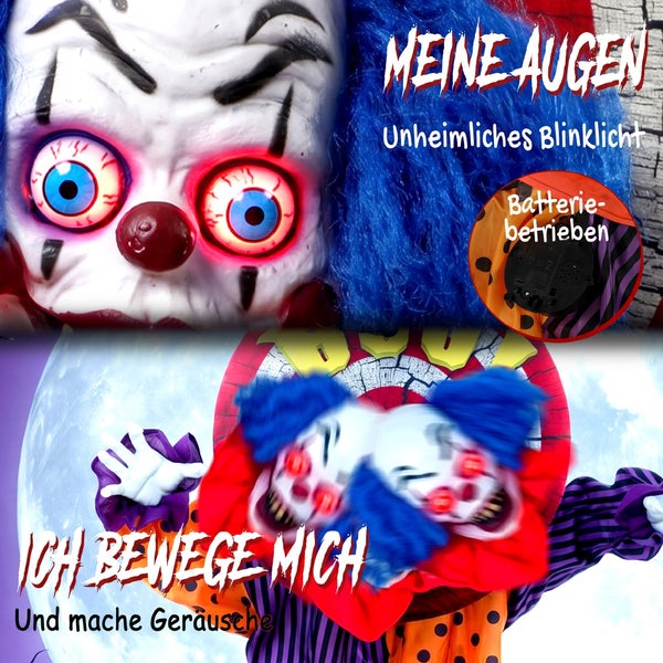 Animierte Gruselclown Dekoration mit leuchtenden Augen, Bewegungsfunktion und Geräuscheffekten, batteriebetrieben für Halloween.