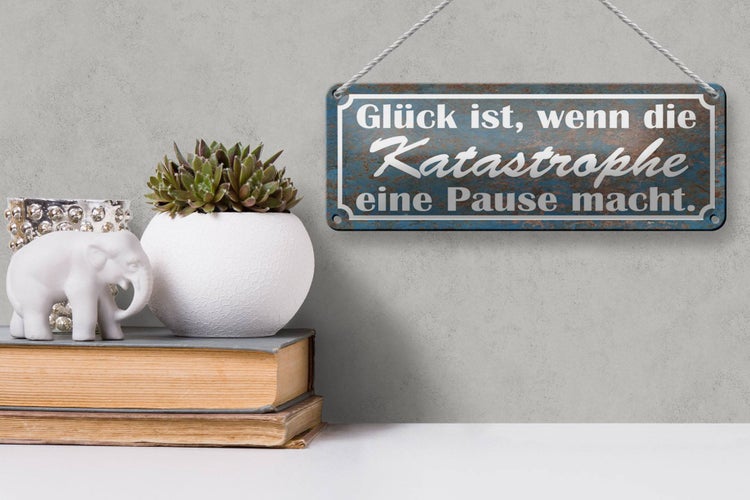 Blechschild Spruch 27x10cm Glück Katastrophe Pause macht Dekoration