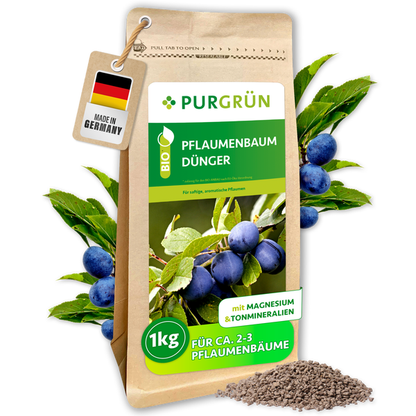 Purgrün Bio Pflaumenbaum-Dünger, 1 Kilogramm für circa 2 bis 3 Bäume, mit Magnesium und Tonmineralien, Made in Germany Logo, mit Granulat.