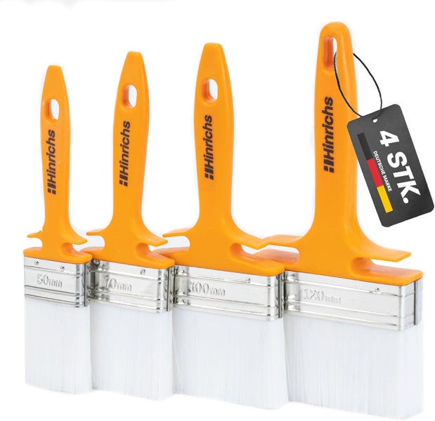 Hinrichs Flachpinsel-Set 4-teilig in den Breiten 50 Millimeter, 70 Millimeter, 100 Millimeter und 120 Millimeter mit Kunststoffgriff.