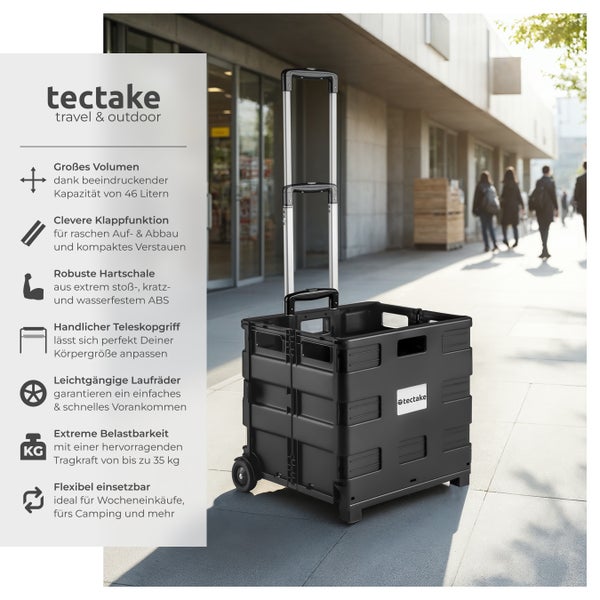 Schwarzer tectake Falt-Trolley mit Teleskopgriff und Rädern für bis zu 35 Kilogramm Tragkraft