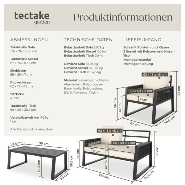 Garten-Lounge Set tectake Captive Tisch mit Lamellenmuster im Rope-Design mit Aluminiumgestell anthrazit
