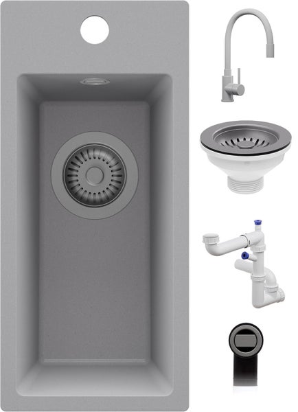 Küchenspülen-Set bestehend aus einer rechteckigen Spüle mit einem Becken, einer Hochdruck-Armatur, einem Siebkörbchen und einem Siphon.