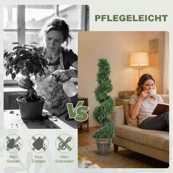 Vergleich zwischen der zeitaufwendigen Pflege einer echten Pflanze und einer pflegeleichten, künstlichen Spiraltanne in einem Wohnzimmer.