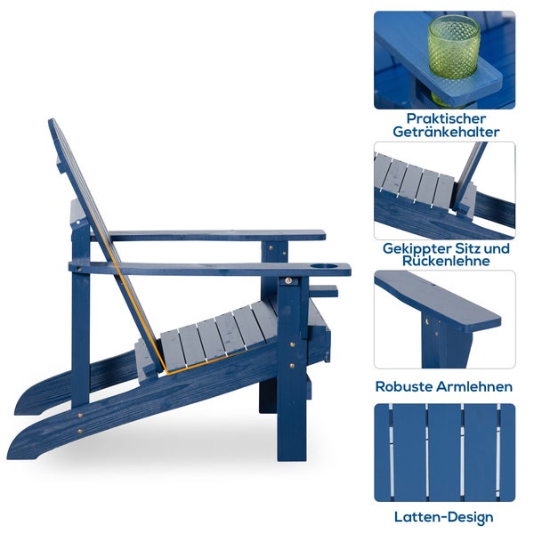 Outsunny Adirondack-Gartenstuhl mit Becherhalter Gartenliege Balkonstuhl Massivholz Blau 72 x 94 x 93 cm