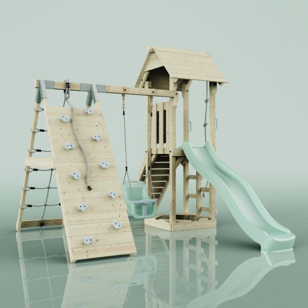 Spielturm mit Rutsche, Kletterwand, Strickleiter und Schaukel für Kinder